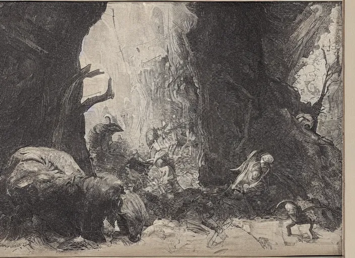 Image similar to Pieter Claesz's 'viewer looking into dark cave and seeing a mother bear and her cubs sleeping', night time, cross hatching, framed painting hanging over couch