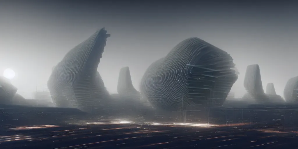 Image similar to an abandoned dystopian city of parametric architecture, technopunk, by federico pelat and james paick and zaha hadid, concept art, hyperrealism, 8 k resolution, octane render, cinematic, ominous, dramatic, volumetric lighting, misty