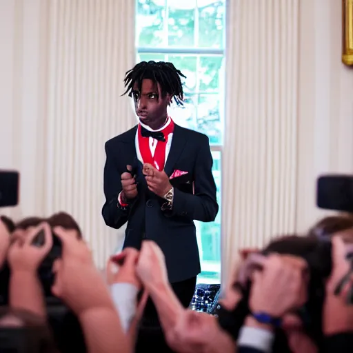 Image similar to professional photograph of Playboi Carti making an inauguration speech at the white house, 8k, cinematic, dslr,