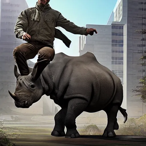 Prompt: a man riding a rhino through a neighborhood, super rad, highly detailed, realistic,