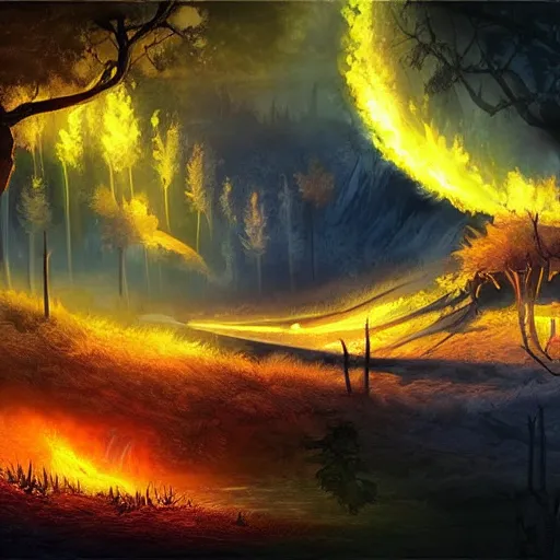 Image similar to a beautiful landscape with a huge teleport to the underworld the underworld is fire and shadow the background is beautiful nature but the background in the shadow world is all fire and monsters digital painting art