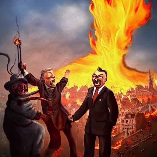 Prompt: a high quality apocalyptic painting of brussels burning in fire while olli rehn cries and viktor orban laughs maniacally in style of salvador dali, trending on artstation