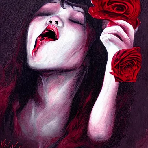 Image similar to extrem mad girl with extrem anger screams into the void to release her anger, while shes crying she holds a rose in her hands, high detail painting in dark red colors by Mamoru Kanbe