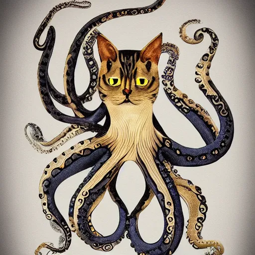 Prompt: a cross between a cat and an octopus, highly detailed, soft lighting