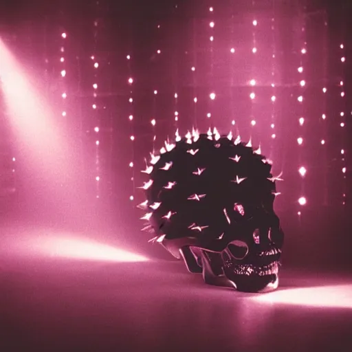 Image similar to a disco skull full of long spikes, reflecting light in a nightclub, grainy film photograph