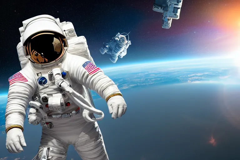 Image similar to astronaut in space wearing a spacesuit floating, meteor hitting earth in background, highly detailed, photorealistic portrait, bright studio setting, studio lighting, crisp quality and light reflections, unreal engine 5 quality render