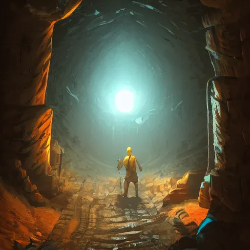 Image similar to A man with a flashlight explores a Dungeon, luminous, artstation