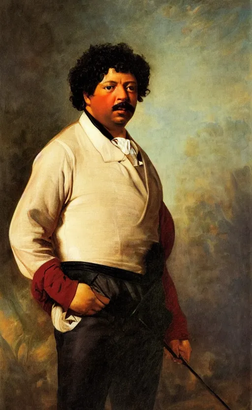 Image similar to Portrait of Alexandre Dumas, oil on canvas, highly detailed, by Delacroix, 8k