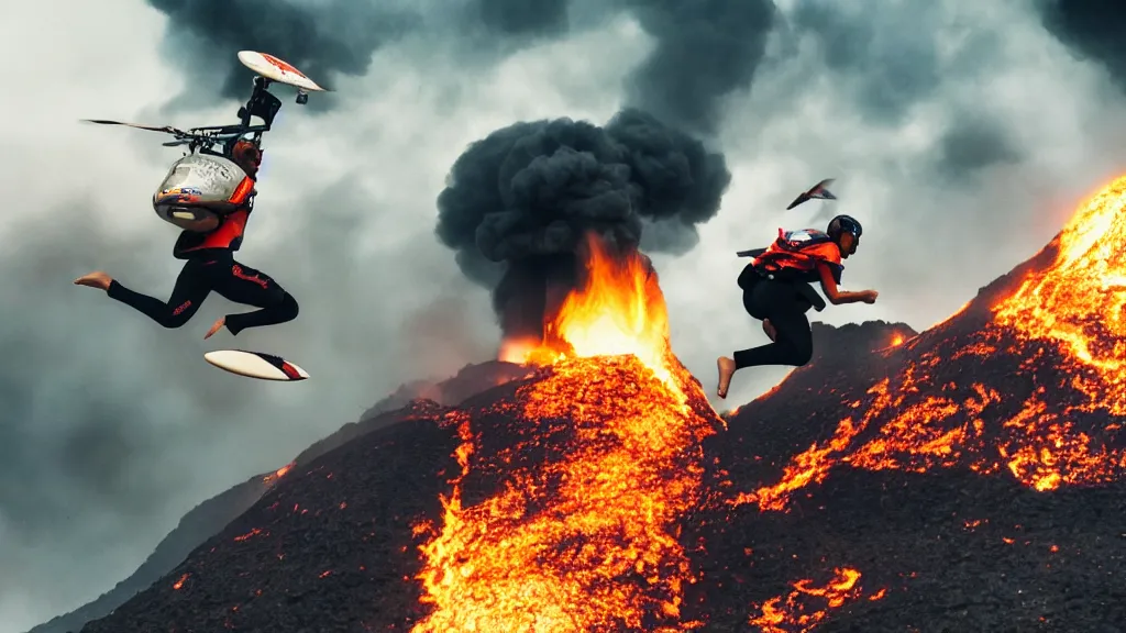 Image similar to person wearing a sponsored team jersey with logos jumping out of a helicopter with a surfboard into a volcano, action shot, dystopian, thick black smoke and fire, sharp focus