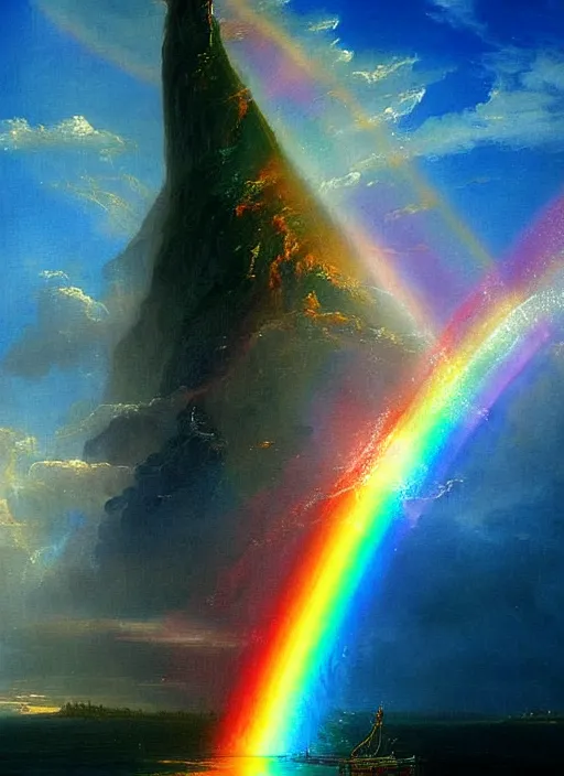 Prompt: a delicate sparkling rainbow fantasy tower splashes upwards from a turbulent rainbow ocean, dramatic lighting, rich colors, sunlight shimmering off the tower and the water and the spray, beautiful painting by Thomas Cole