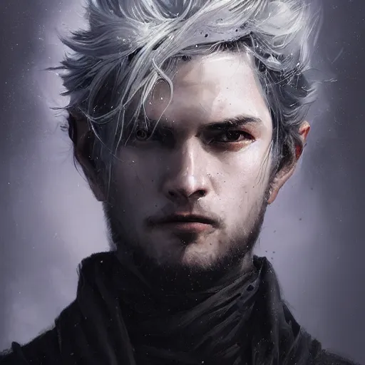 Prompt: portrait of a young man in a black cloak, silver hair, purple eyes, detailed face, highly detailed, cinematic lighting, digital art painting by greg rutkowski.