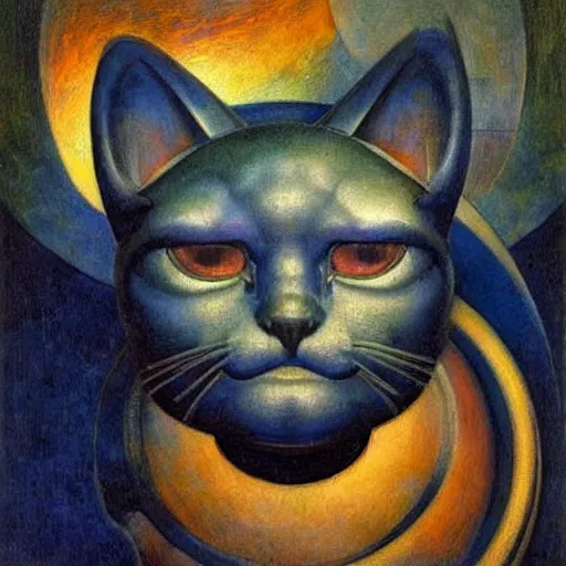 Image similar to masterpiece painting of a mechanical robot cat head, by annie swynnerton and diego rivera and nicholas roerich and jean delville, symbolist, dramatic lighting, god rays, elaborate geometric ornament, art brut, rich colors, smooth, sharp focus, extremely detailed, adolf wolfli and ( donato giancola )