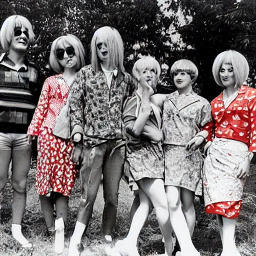 Image similar to 1 9 6 0 s photograph of a group of mixed gender hippies wearing peppermint themed outfits