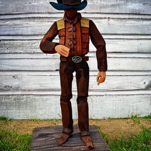 Image similar to a cowboy made out of wood, realistic, detailed,