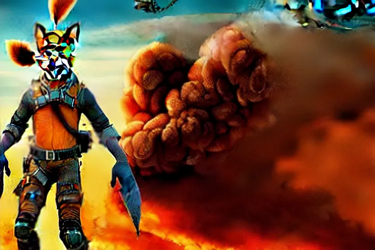 Image similar to nick wilde, heavily armed and armored facing down armageddon in a dark and gritty reboot from the makers of mad max : fury road : witness me