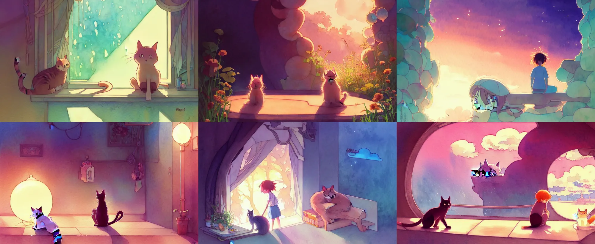 Prompt: a wholesome animation key shot of one lonely cat, studio ghibli, pixar and disney animation, sharp, disney concept art watercolor illustration by mandy jurgens and alphonse mucha and alena aenami, pastel color palette, dramatic lighting