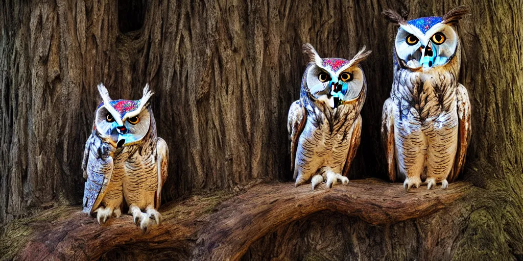 Prompt: A giant two-headed owl with red and blue eyes sitting on a throne carved in a big tree, moonlight, natural light, Cinematic level shot, dynamic pose, award winning photograph, photorealism, beautiful lighting, sharp, details, hyper-detailed, HDR, 8K