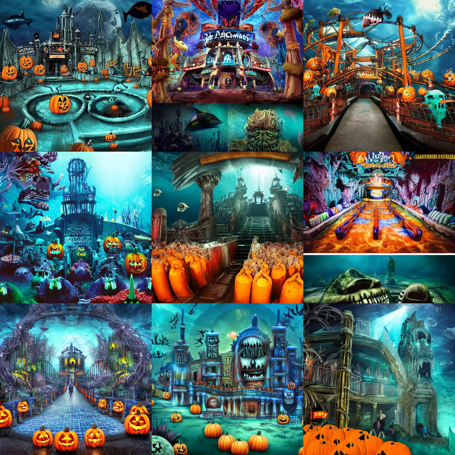 Prompt: a horror based amusement park during halloween that takes place deep underwater and is built on the idea of the lost city of atlantis, first person perspective looking up, halloween decorations, underwater city, amusement park, spooky, fish in the background, rides, amusement park buildings, deep sea themed, horror themed, fun, high resolution