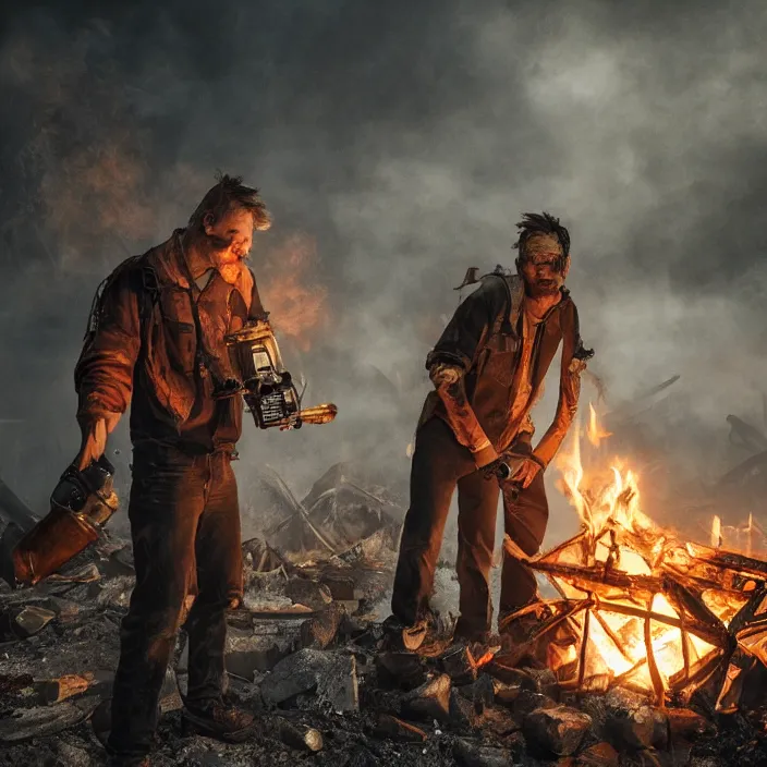 Image similar to gritty apocalyptic man smirking holding gas can next to a campfire, octane render, 4 k ultra hd, hyper - detailed, seedy lighting, sharp focus, fantasy dark art