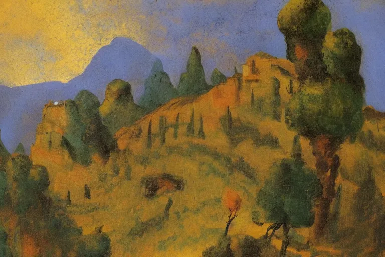 Prompt: Italian mountain scene painted in the style of money and Redon