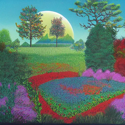 Prompt: garden of the morning calm, surreal, 1980, colorful