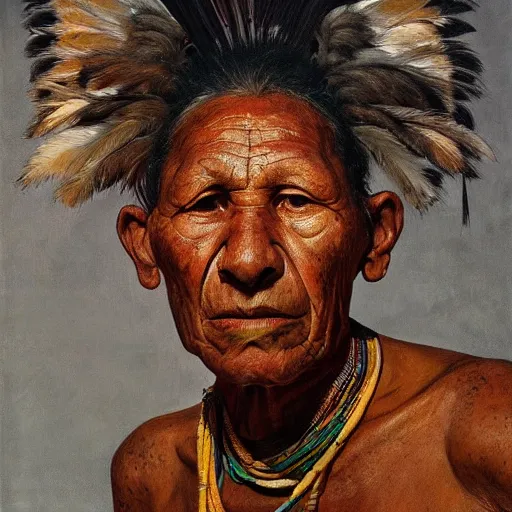 Prompt: high quality high detail painting by lucian freud and jenny saville, hd, full body of a indigenous tribe leader, photorealistic lighting