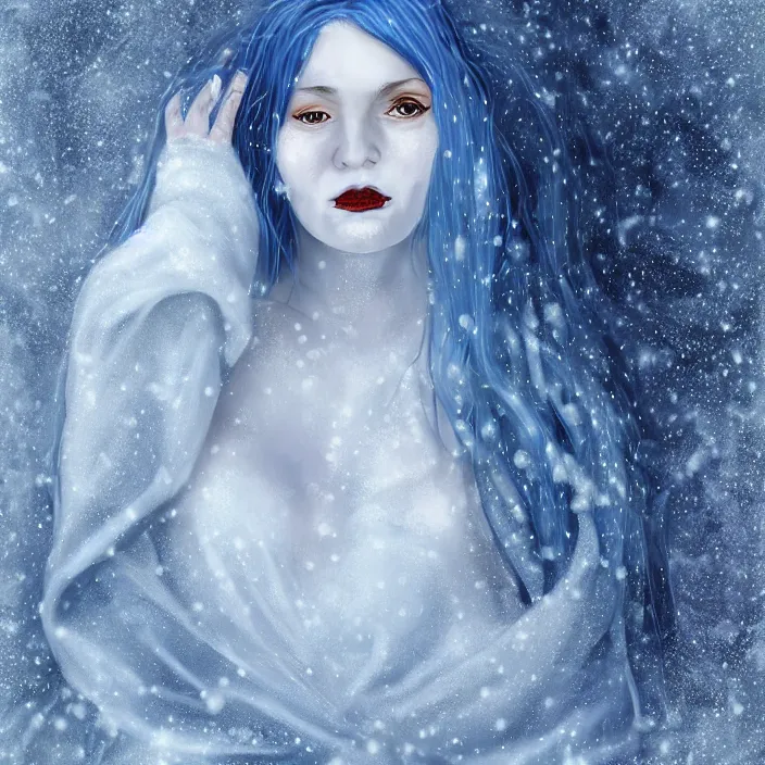 Image similar to full body portrait of a sickly looking woman dying of hypothermia, with very white skin and pale blue hair wearing a long white dress made out of snowflakes in the middle of a heavy snowstorm. blue lips. digital art by maromi sagi