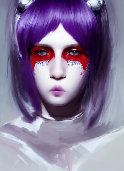 Image similar to portrait of white teenage girl, normal face, white bangs, mall goth, cyberlox, black and white hair, bangs, fluffy bangs, red contact lenses, purple lipstick, intricate, elegant, highly detailed, digital painting, artstation, concept art, sharp focus, smooth, illustration, art by wlop, mars ravelo and greg rutkowski