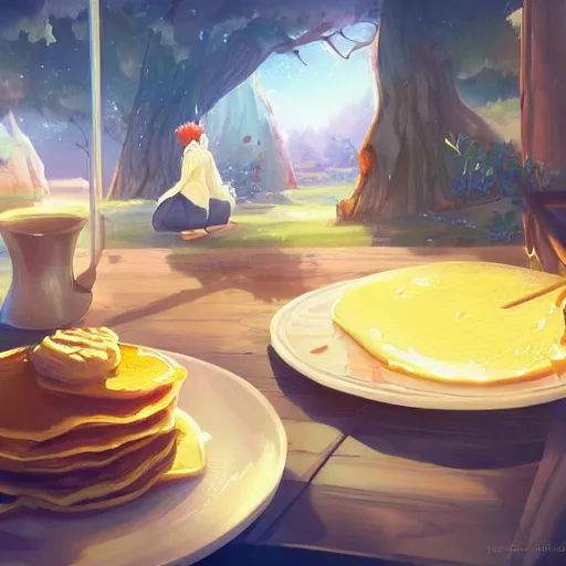Prompt: Pancakes with honey from the World Tree and butter on top, fantasy art, natural, trending on artstation, art by Makoto Shinkai