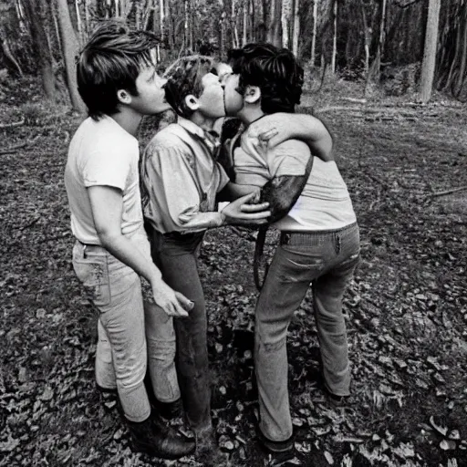 Prompt: cowboys kissing on the woods, 8 0 s, film photograph