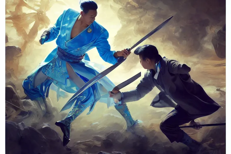 Prompt: a filipino man with a sword charging at a blond man in a blue suit with a sword, organic painting, sunny day, matte painting, bold shapes, hard edges, street art, trending on artstation, by huang guangjian, gil elvgren, ruan jia, randy vargas, greg rutkowski