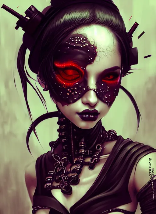 Image similar to soft lustrous ebony geisha seductive raver yakuza gothic cyborg cyberpunk gutter punk, decay, underworld, dark fantasy, dark art, highly detailed, digital painting, octane render, artstation, concept art, smooth, sharp focus, illustration, art by artgerm, loish, wlop