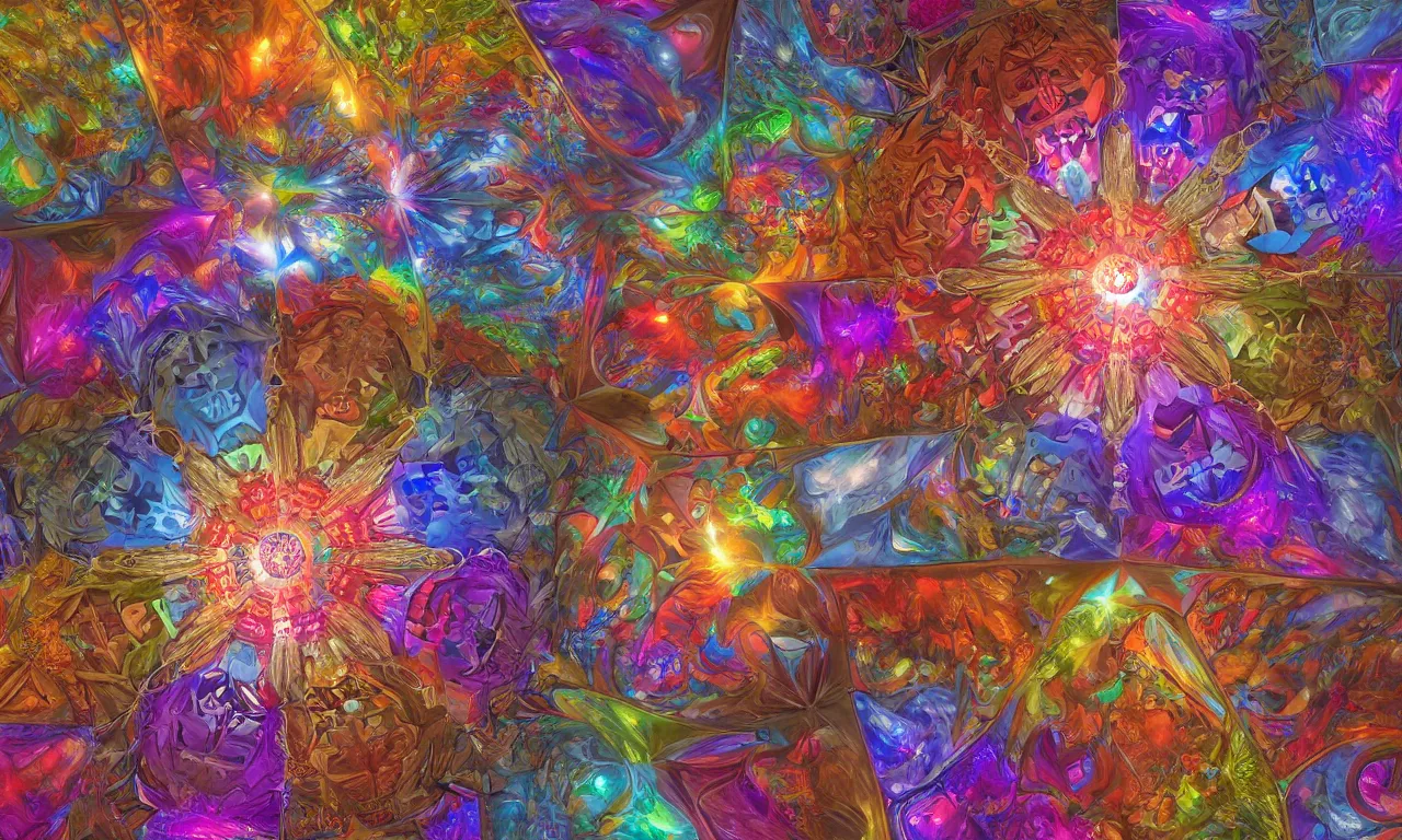 Image similar to voronoi engine laboratory 3 d volume kaleidoscope mandala fractal chakra digital multicolor stylized concept substance by artgerm, rossdraws, norman rockwell, magali villeneuve, gil elvgren, alberto vargas, earl moran, enoch bolles radiating a glowing aura global illumination ray tracing hdr