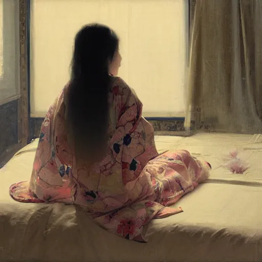 Image similar to girl with long wavy hair, in kimono with koi pattern, backview, sitting on edge of bed, by jeremy lipking, serge marshennikov, joseph todorovitch