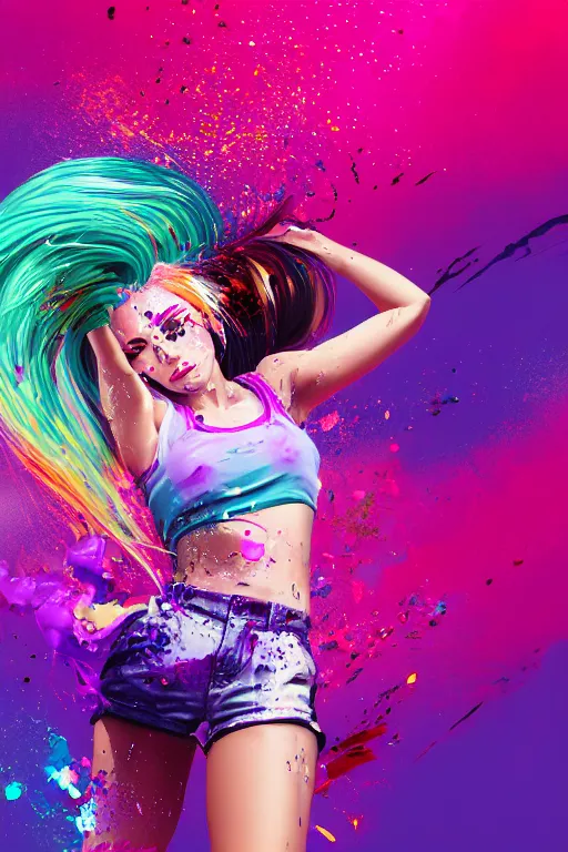 Image similar to a award winning half body porttrait of a beautiful woman in a croptop and cargo pants with ombre purple pink teal hairstyle with head in motion and hair flying, paint splashes, splatter, outrun, vaporware, shaded flat illustration, digital art, trending on artstation, highly detailed, fine detail, intricate