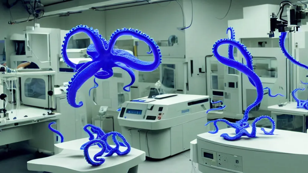 Image similar to a complex bifurcated surgical arm hack mri 3 d printer machine making colorful mutant octopus forms and control panels in the laboratory inspection room, film still from the movie directed by denis villeneuve with art direction by salvador dali, wide lens