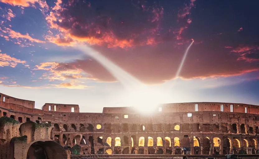 Image similar to a ufo flying saucer in the sky attack colosseum in rome at sunset, foggy volumetric light, a beam of light from the ufo, cinematic trending on artstation