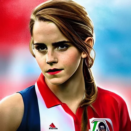 Image similar to a portrait of emma watson as a lokomotiv football player, hyper realistic, highly detailed