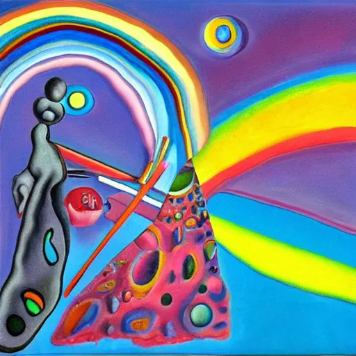 Image similar to an extremely high quality hd surrealism painting of the 3 d soul of polymer clay rainbow skinner blends by dali and kandinsky on a starry black canvas, 8 k, ultra realistic