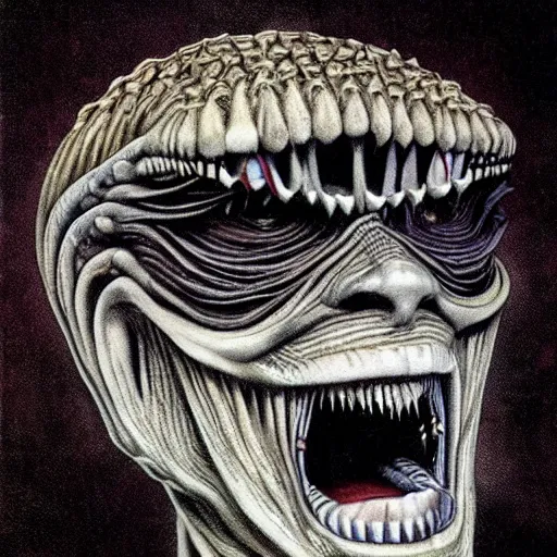 Prompt: alien donald trump, sharp teeth, by h. r. giger, nightmare fuel, nightmarish, intricate, highly detailed, optical illusion, president donald trump