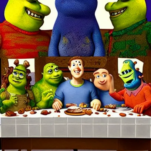 Image similar to mark zuckerberg, 3d spongebob and shrek in the last supper