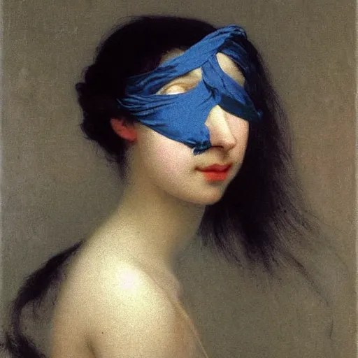 Image similar to a young woman’s face, her hair is white, her eyes are covered with a flowing blue satin blindfold, she is wrapped in flowing silver silk fabric, by ivan aivazovsky and alma tadema and and willen claesz heda and aelbert cuyp and gerard ter borch