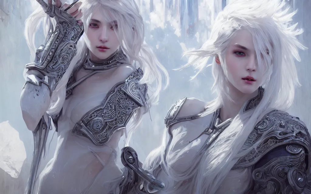 Image similar to portrait white hair knights of zodiac girl, matt white ice color armor, in ruined agora of athens, ssci - fi and fantasy, intricate and very very beautiful and elegant, highly detailed, digital painting, artstation, concept art, frostbite engine, smooth and sharp focus, illustration, art by tian zi and wlop and alphonse mucha