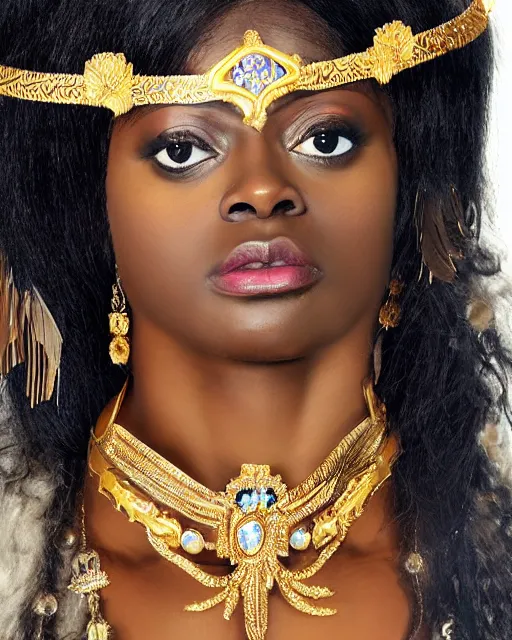 Image similar to portrait of jada fire as a beautiful greek woman +diadem with facemask and feather crest+ long hairs and complex hairdressing+antique greek tunique+symmetric face, symmetric body+gold jewels, collar, earings, rubis, sapphire, topaz,citrite+gods of olympe+ in the style of saint seiya + by Joongwon Jeong and Kei Mieno, artsation, unreal engine render, octane render