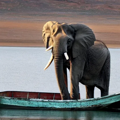 Image similar to an elephant standing on a boat wearing a fisher's hat.