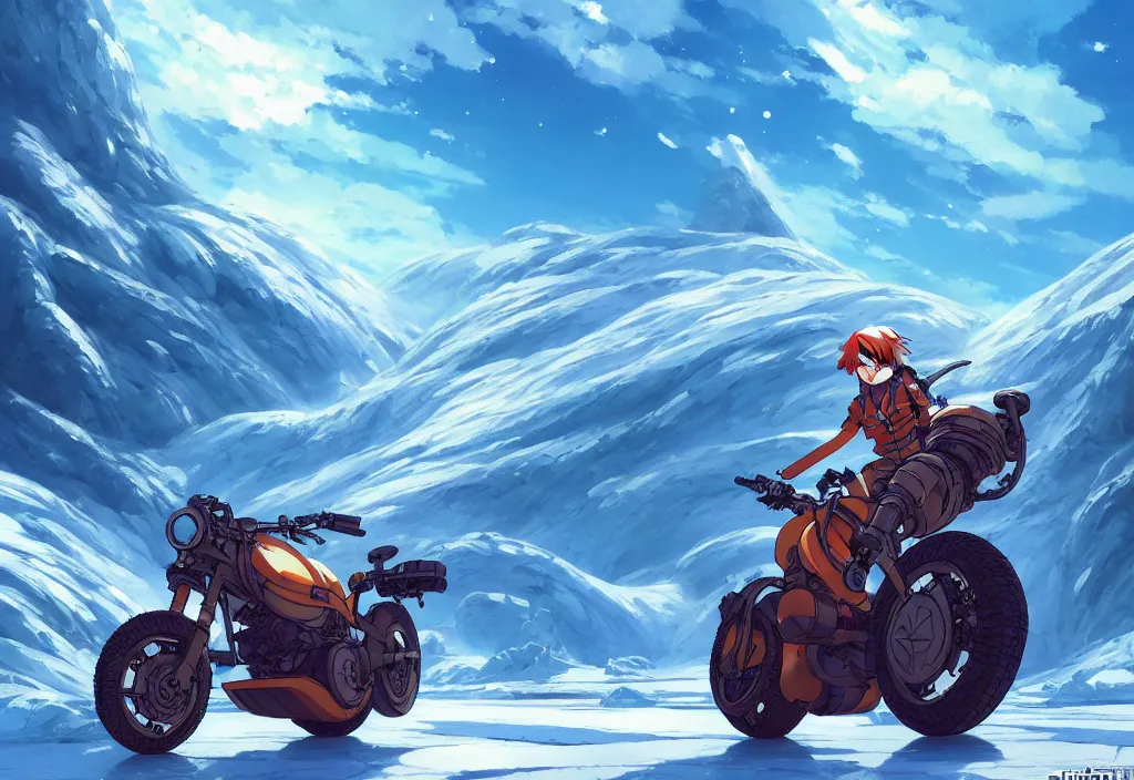 Image similar to a small chubby futuristic bike on a glacier on an alien planet, intricate oil painting, high detail illustration, sharp high detail, manga and anime 1 9 9 9, official fanart behance hd artstation by jesper ejsing and makoto shinkai, 4 k,