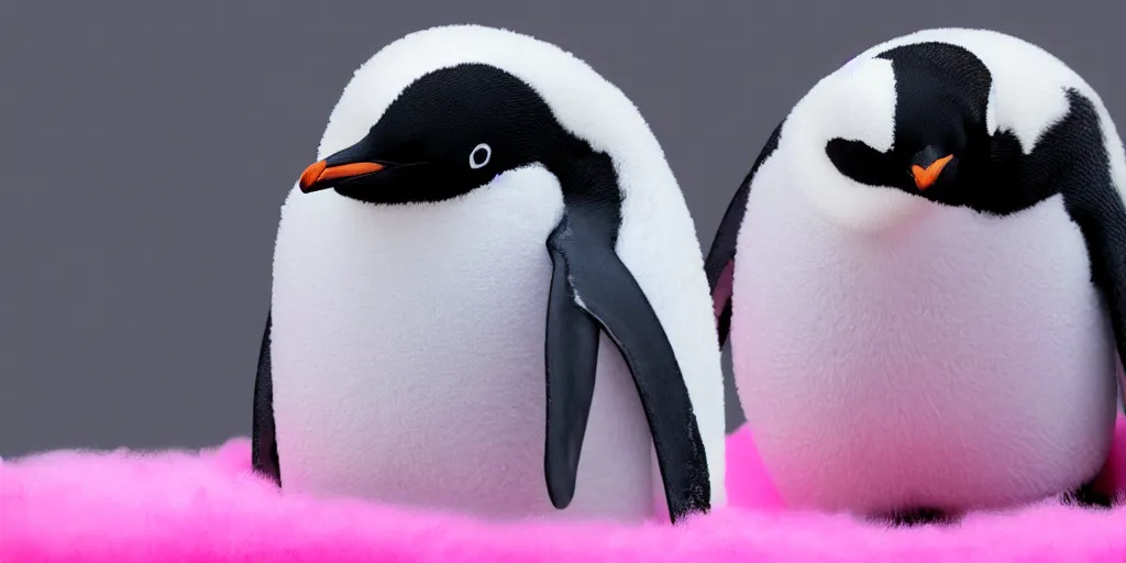 Image similar to realistic penguin sitting in an pink fluffy bed waving