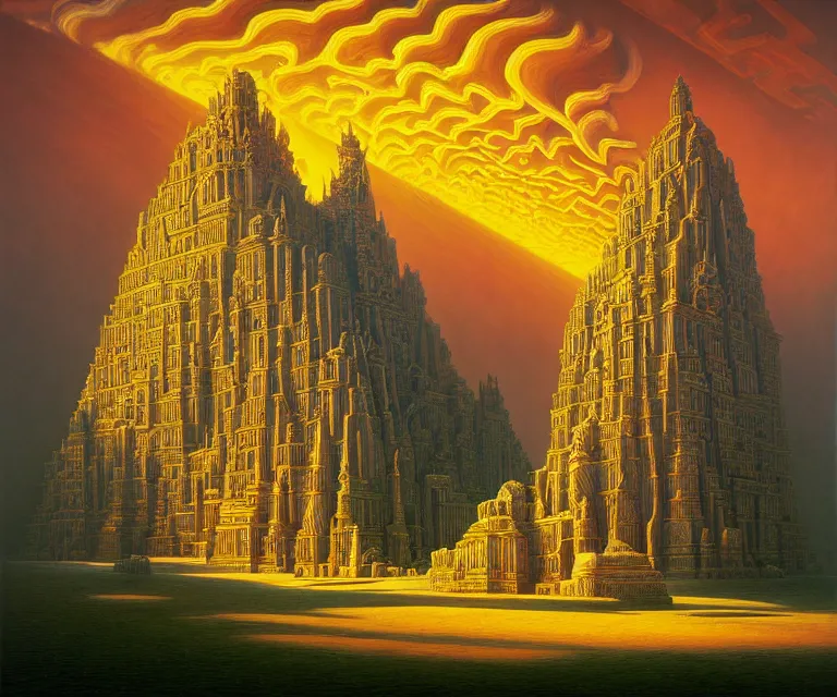 Image similar to hyper detailed 3d render like a Oil painting - ornate temple of the sun, dramatic sky in background, radiant, by Jacek Yerka, Mariusz Lewandowski, Houdini algorithmic generative render, Abstract brush strokes, Masterpiece, Edward Hopper and James Gilleard, Zdzislaw Beksinski, Mark Ryden, Wolfgang Lettl, hints of Yayoi Kasuma, octane render, 8k