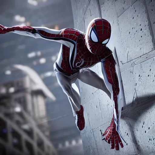 Image similar to white spider - man suit with black web lining, cinematic, volumetric lighting, realistic, hyperdetailed, photorealistic, photograph