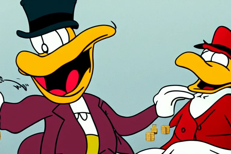 Image similar to Scrooge McDuck reacting to the Bitcoin crash, 8k, real photo, CryEngine